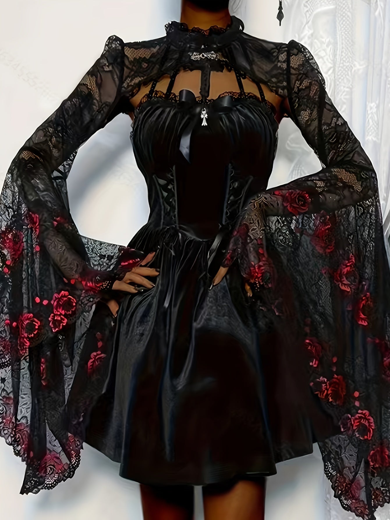 [Gothic Lace Shawl Top] Gothic Lace Shawl Top for Women - Semi-Sheer High Neck Long Sleeve with Red Rose & Black Guipure Lace Trim, Asymmetrical Hem, Loose Fit, Year-Round Versatile Party Wear, Halloween Costume (Hand Washabl