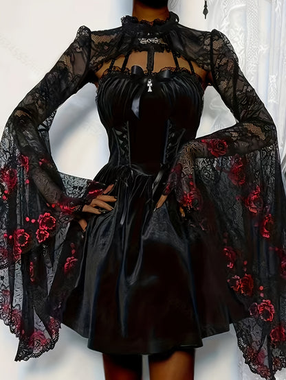 [Gothic Lace Shawl Top] Gothic Lace Shawl Top for Women - Semi-Sheer High Neck Long Sleeve with Red Rose & Black Guipure Lace Trim, Asymmetrical Hem, Loose Fit, Year-Round Versatile Party Wear, Halloween Costume (Hand Washabl