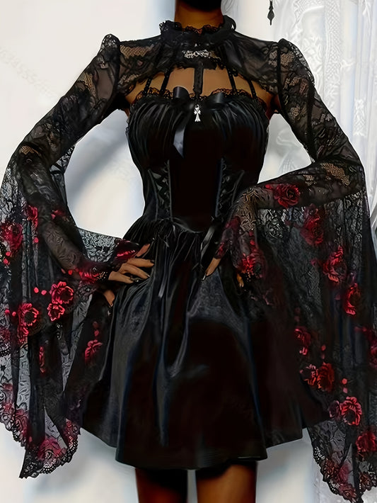 [Gothic Lace Shawl Top] Gothic Lace Shawl Top for Women - Semi-Sheer High Neck Long Sleeve with Red Rose & Black Guipure Lace Trim, Asymmetrical Hem, Loose Fit, Year-Round Versatile Party Wear, Halloween Costume (Hand Washabl