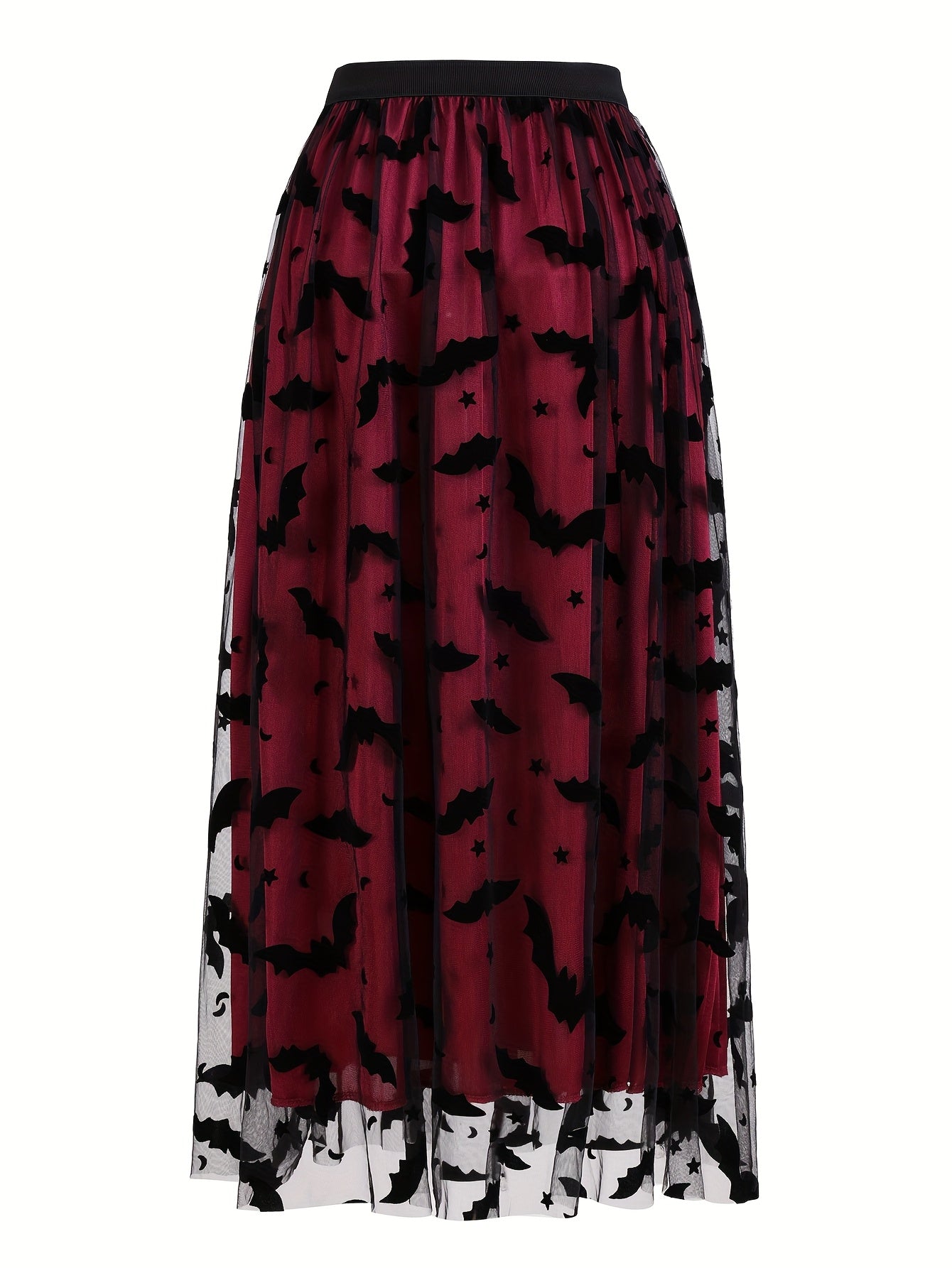 Plus Size - Elegant Plus Size Purple Tulle Skirt with Black Bat Print - Mid-Length, Flowy Design, Perfect for Casual or Formal Occasions, Formal Occasion Skirt | Bat Print Skirt | Polyester Fabric