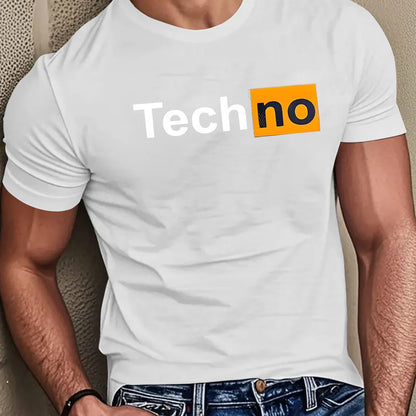 Men's Casual Summer T-Shirt - Soft Breathable Fabric with Bold "Techno" Letter Print & Orange Accent, Ribbed Collar, Regular Fit for Casual Attire, Summer T Shirts, Classic Round Neckline, Comfortable Tee Construction