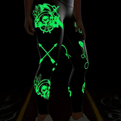 Halloween Fluorescent Skeleton Hands Printed Sports Yoga Leggings, High Waist Workout Running Sports Tight Pants, Women's Activewear Carnaval for carnival & Music Festival
