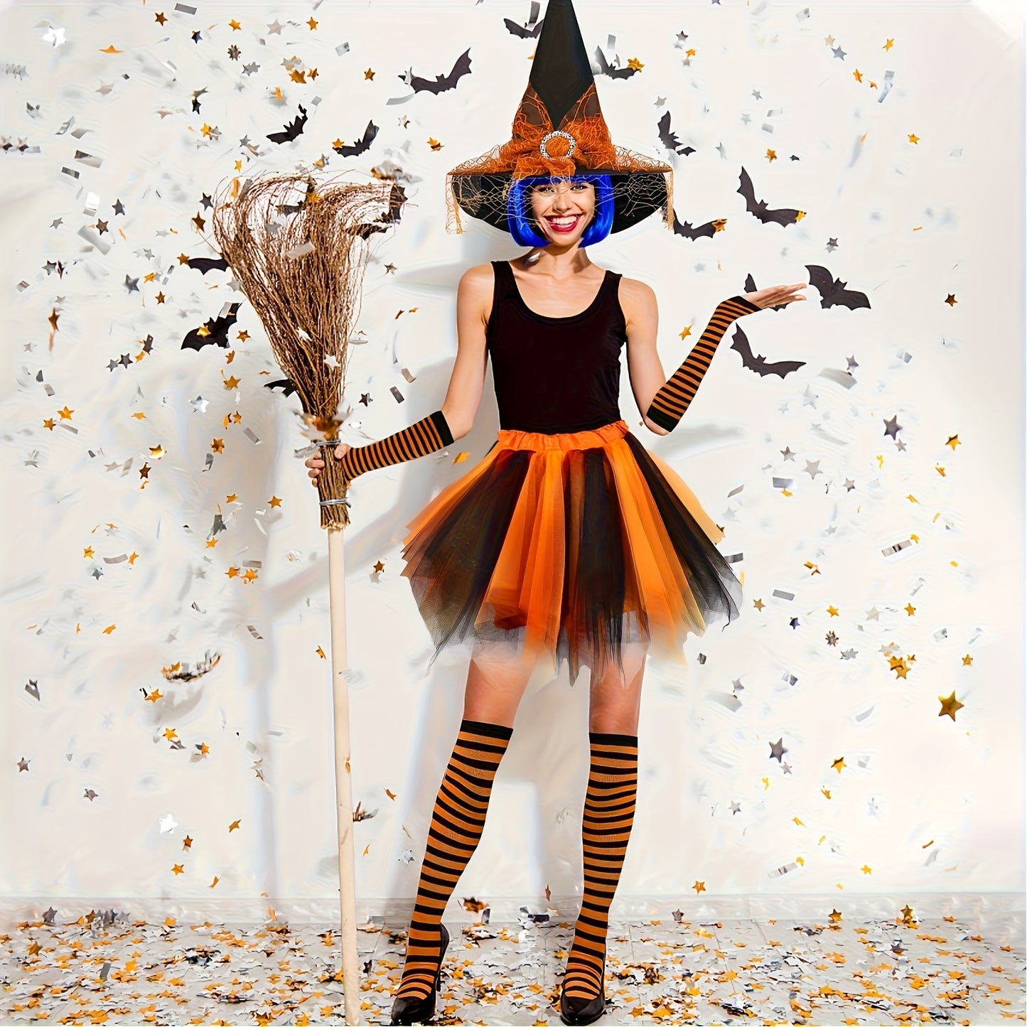 4pcs Halloween Witch Costume Set for Women Ladies Gothic Cosplay Witch Hat Striped Knee High High Over Knee Witch Stockings Arm Warmers Tutu Skirt Set for Women Halloween Witch Cosplay Party Favor Cosplay Costume Accessories