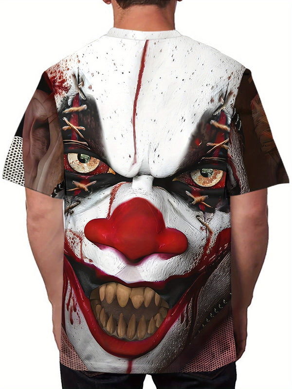 1pc Men's Pennywise Clown Costume T-Shirt - Pennywise Face & IT Movie-Inspired 3D Graphic Tee, Soft Stretchy Knit Fabric, Round Neck Short Sleeve Shirt for Horror Fans, Carnival Parties & Cosplay Events (Machine Washable) - C