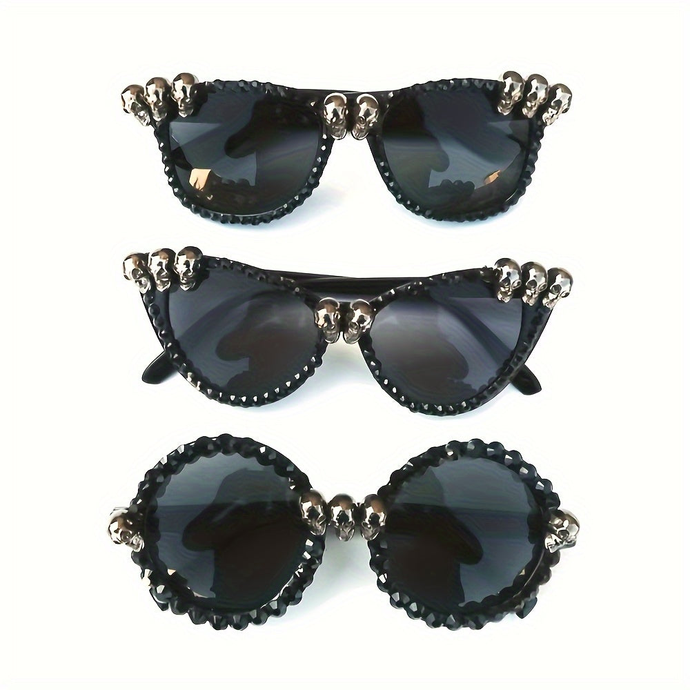 Vintage Gothic Skull Cat Eye Fashion Glasses - Plastic Frame with Crystal Embellishments, Suitable for Both Men And Women, Perfect for Halloween And Party Events.