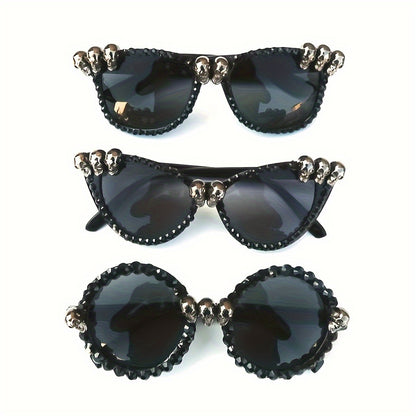 Vintage Gothic Skull Cat Eye Fashion Glasses - Plastic Frame with Crystal Embellishments, Suitable for Both Men And Women, Perfect for Halloween And Party Events.
