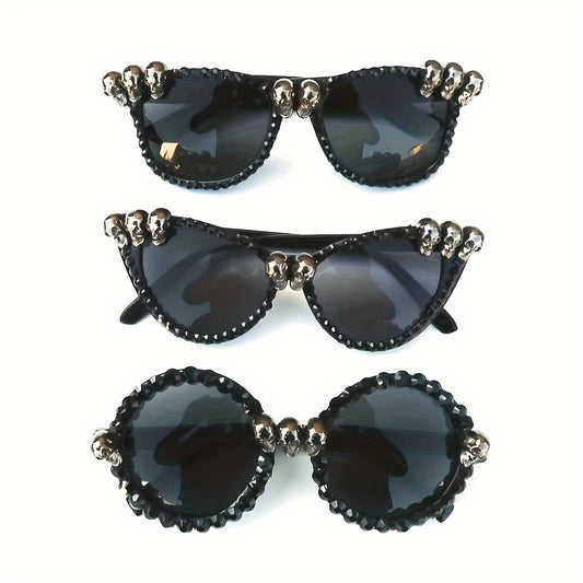 Vintage Gothic Skull Cat Eye Fashion Glasses - Plastic Frame with Crystal Embellishments, Suitable for Both Men And Women, Perfect for Halloween And Party Events.