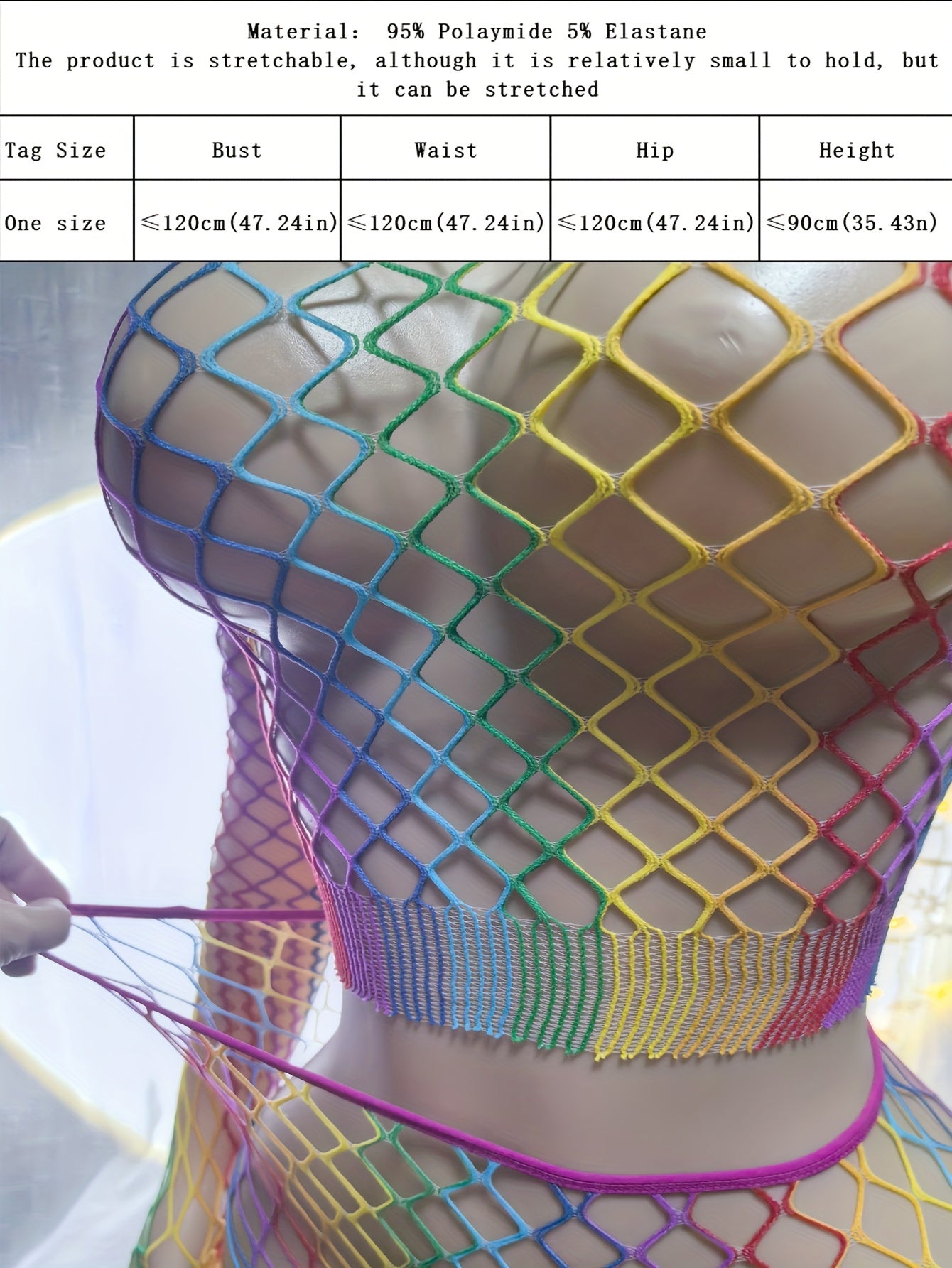 A Sexy Fishnet Cover-Up Designed for Women, Featuring a Hollow-Out Bodystocking in Rainbow Colors, Perfect for Music Festivals, Vacations, And As See-Through Beachwear for Summer Swimwear.