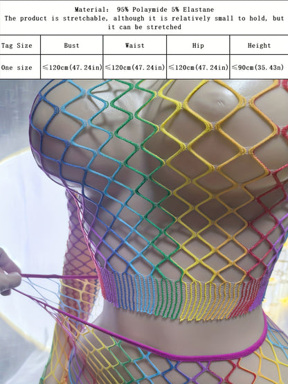 A Sexy Fishnet Cover-Up Designed for Women, Featuring a Hollow-Out Bodystocking in Rainbow Colors, Perfect for Music Festivals, Vacations, And As See-Through Beachwear for Summer Swimwear.