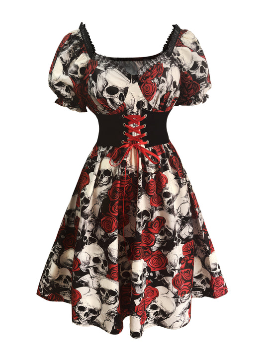 Women's Gothic Y2K Skull & Rose Print Gothic Victorian-Style Dress with Ruffled Hem & Spaghetti Strap - Lace-like Sleeve Neckline, Corset Back Closure, Machine Washable - Elegant Party Outfit for Halloween, Day of the Dead, T