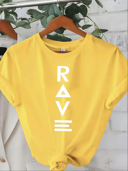 1pc Women's Crewneck T-Shirt - Black with White RAVE Typography Print, Techno Music Inspired Design, Casual Short Sleeve Tee for EDM Festivals & Summer Outings, Machine Washable, Exclusive Deal of the Day Gift Idea, T-shirt S