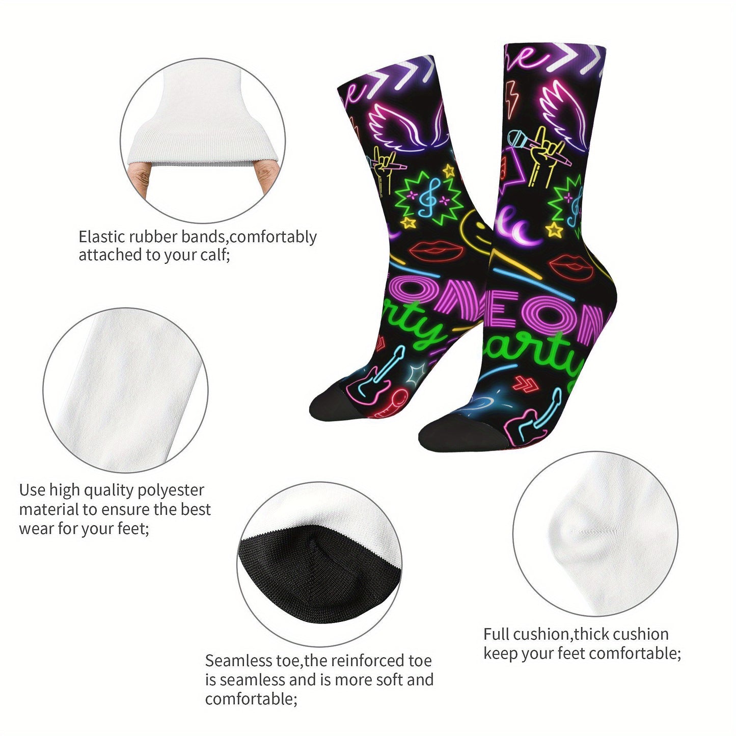1 Pair Men'S Neon Style Compression Socks, Vintage Harajuku Hip Hop Novelty Pattern, Polyester & Elastane, Hand Wash or Dry Clean, Random Printed Crew Socks, Gift Idea