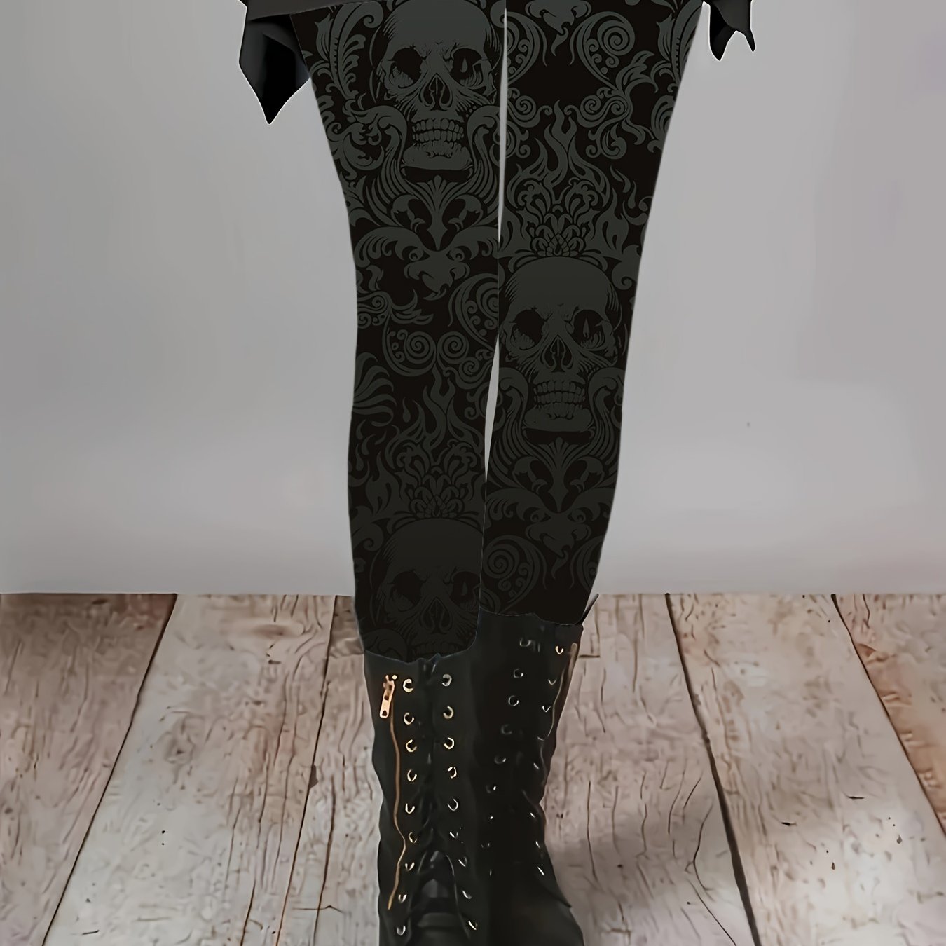 [Gothic Bohemian Leggings] Plus Size Gothic Bohemian Skull Print Leggings - High-Waisted Stretchy Pants with Elastic Waist & Thigh Print, All-Season Machine Washable Black & White Gothic Design for Casual & Statement Outfits