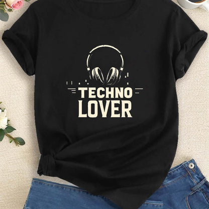 Women'S "Techno Lover" Graphic T-Shirt - Green Casual Crew Neck Tee with Headphones Design, Short Sleeve for Spring & Summer, Casual Attire|Playful Print|Comfortable Fit, Techno Tshirt