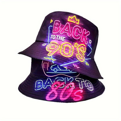 Back to the 80s 90s" Neon Cityscape Bucket Hat - Double-Sided Print, Lightweight & Stylish Fisherman'S Cap, Perfect for Parties & Beach Outings, Machine Washable, Vibrant Purple with Pink & Blue Neon Signs, City Car Design, I