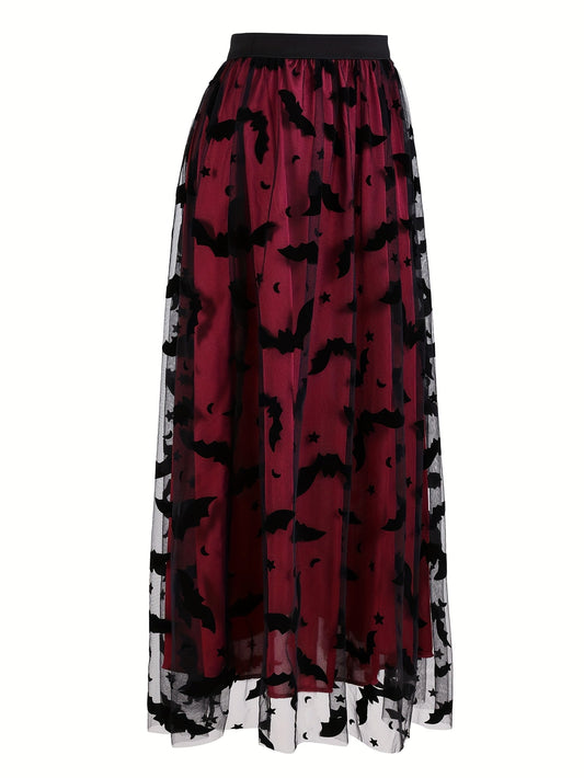 Plus Size - Elegant Plus Size Purple Tulle Skirt with Black Bat Print - Mid-Length, Flowy Design, Perfect for Casual or Formal Occasions, Formal Occasion Skirt | Bat Print Skirt | Polyester Fabric