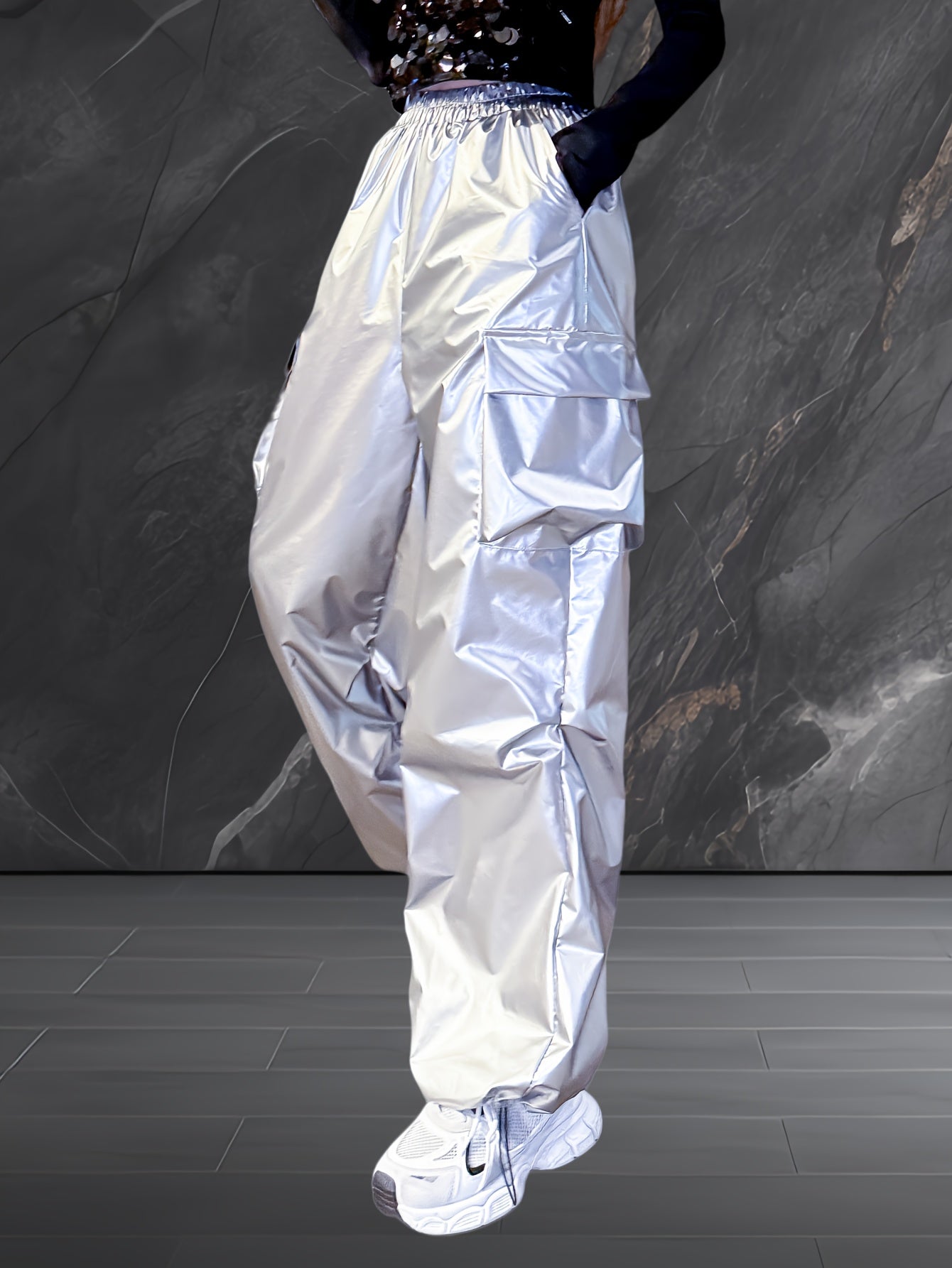 Reflective Hip-Hop Jazz Women'S Wide-Leg Pants - Elastic Waist, Silvery Texture, Loose Fit with Pockets, Machine Washable, Perfect for Streetwear & Casual Style, Spring Autumn Trousers, Street Style Pants | Loose Fit Pants |