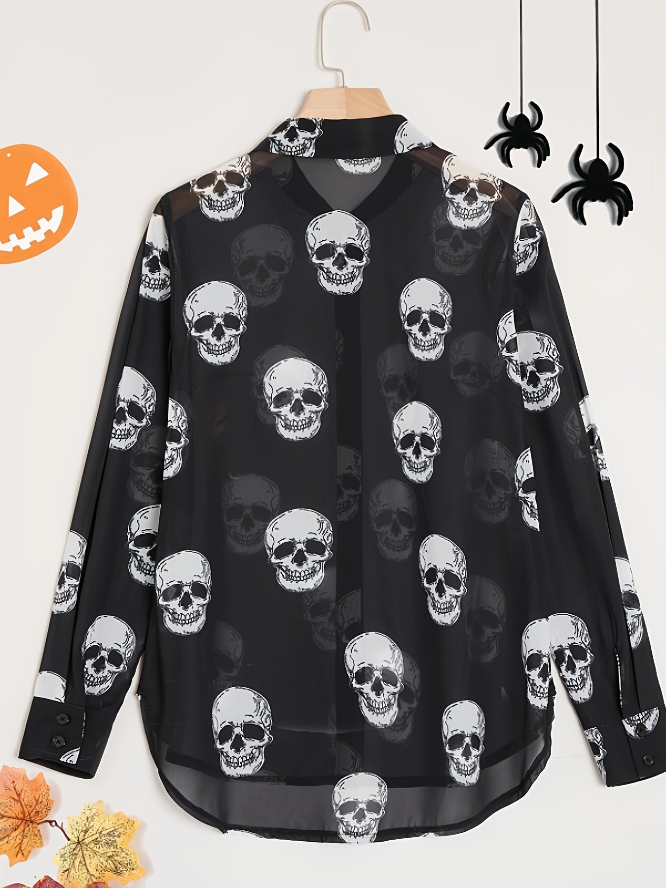 Women'S Elegant Halloween Skull Print Shirt, 100% Polyester Linen Blend, All-Season Lapel Collar, Woven Fabric, 180gsm - Adult Fashion Top
