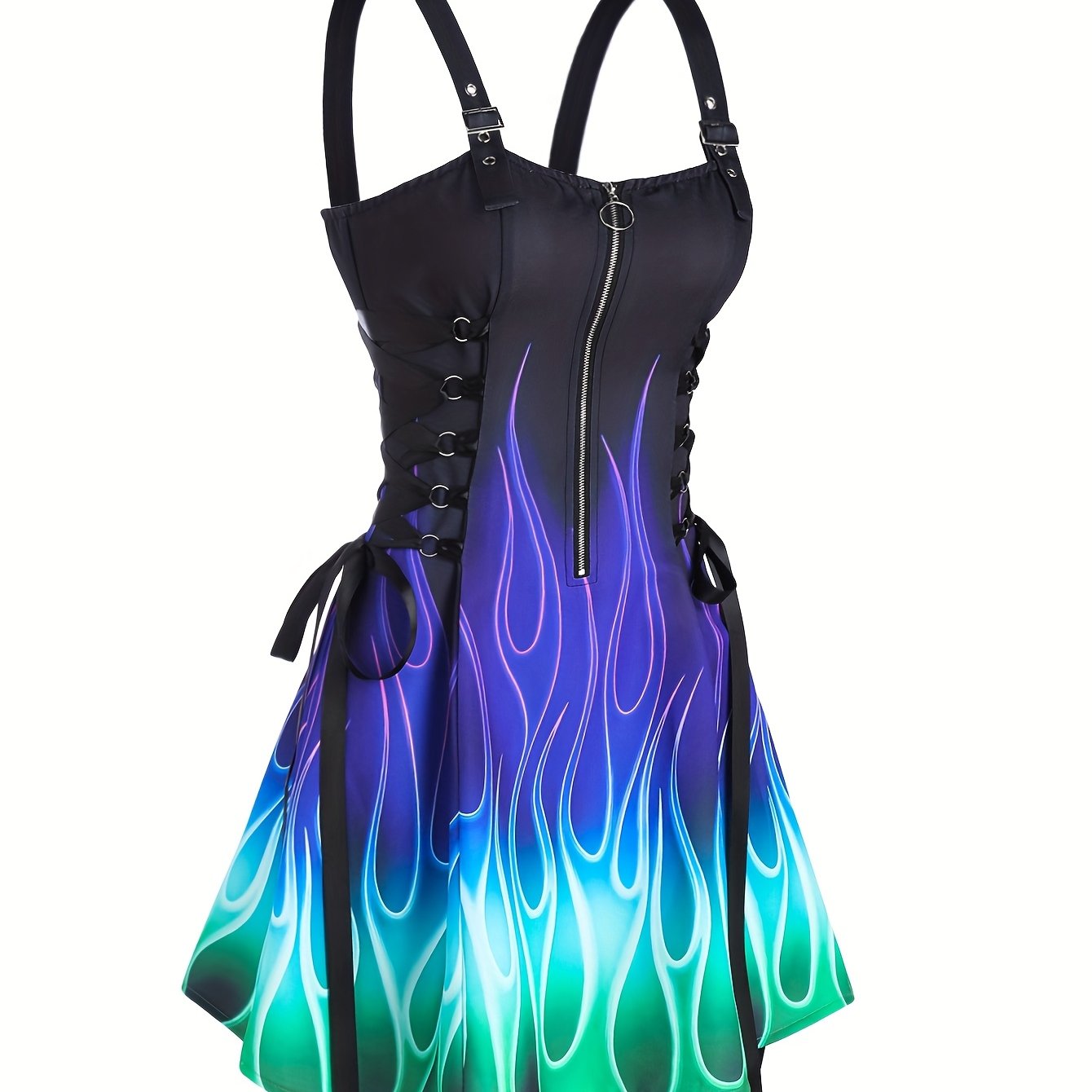 Women'S Flame Print Dress with Zipper Closure and Adjustable Straps, Casual Strapless Design with Lace-up Detail, All-Season Wear, Vibrant Green to Blue Gradient, Allseason Attire | Vibrant Flame Print | Lace-Up Detailing, Se