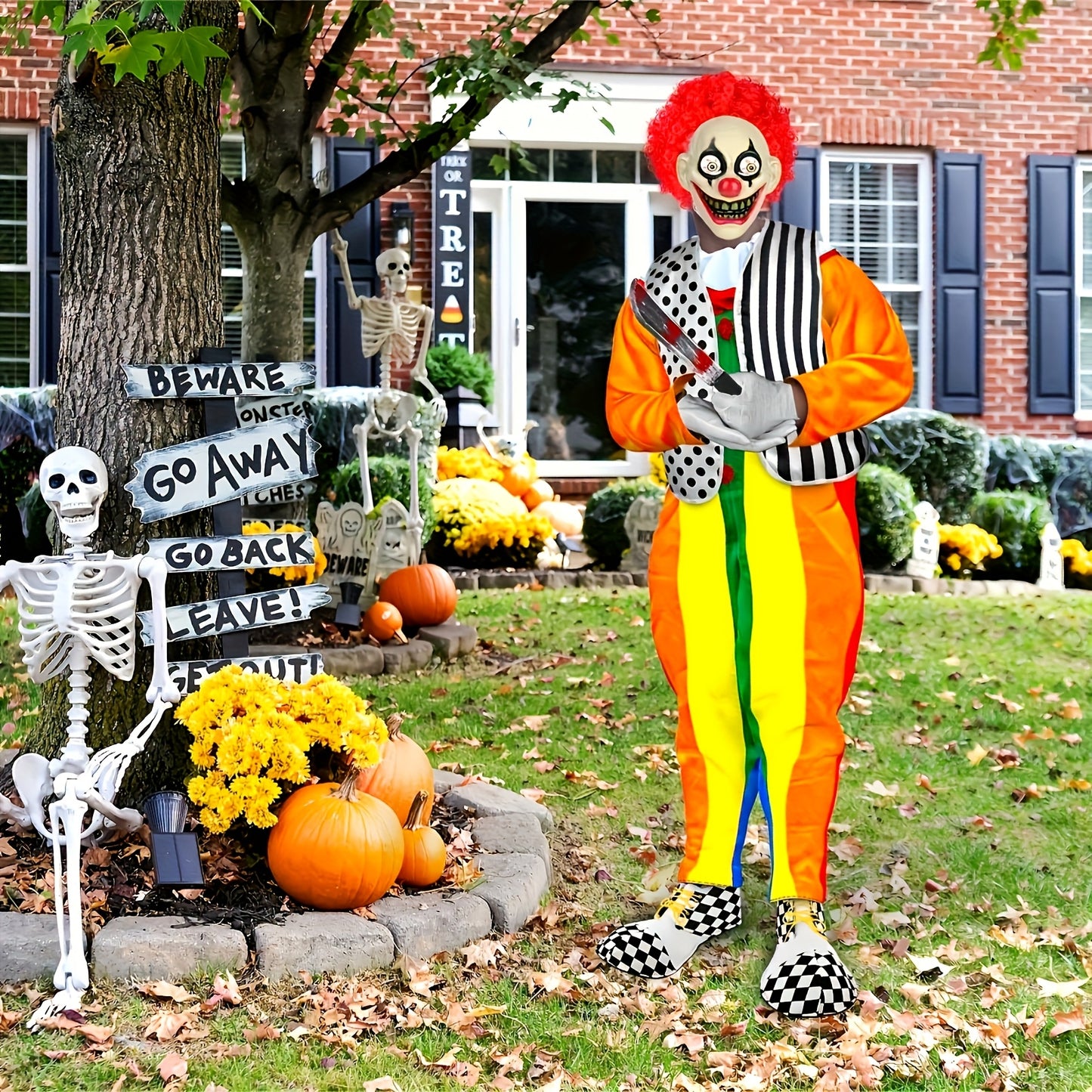 [6pcs Scary Clown Set] 6pcs Scary Clown Costume Accessories Set for Adult - Halloween Wig, Mask, Bloody Machete Prop, Gloves, Striped Vest & Shoes | Scary Circus Outfit Party Props