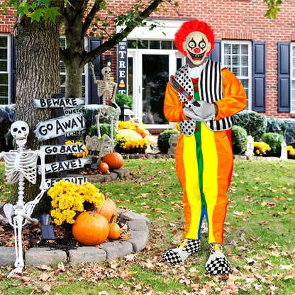 [6pcs Scary Clown Set] 6pcs Scary Clown Costume Accessories Set for Adult - Halloween Wig, Mask, Bloody Machete Prop, Gloves, Striped Vest & Shoes | Scary Circus Outfit Party Props