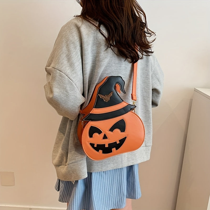 [Halloween Accessories] Halloween Pumpkin Crossbody Bag for Women - Large Capacity Synthetic Faux Leather Shoulder Purse with Adjustable Strap, Zipper Closure, and Festive Orange & Black Design, Halloween Accessories