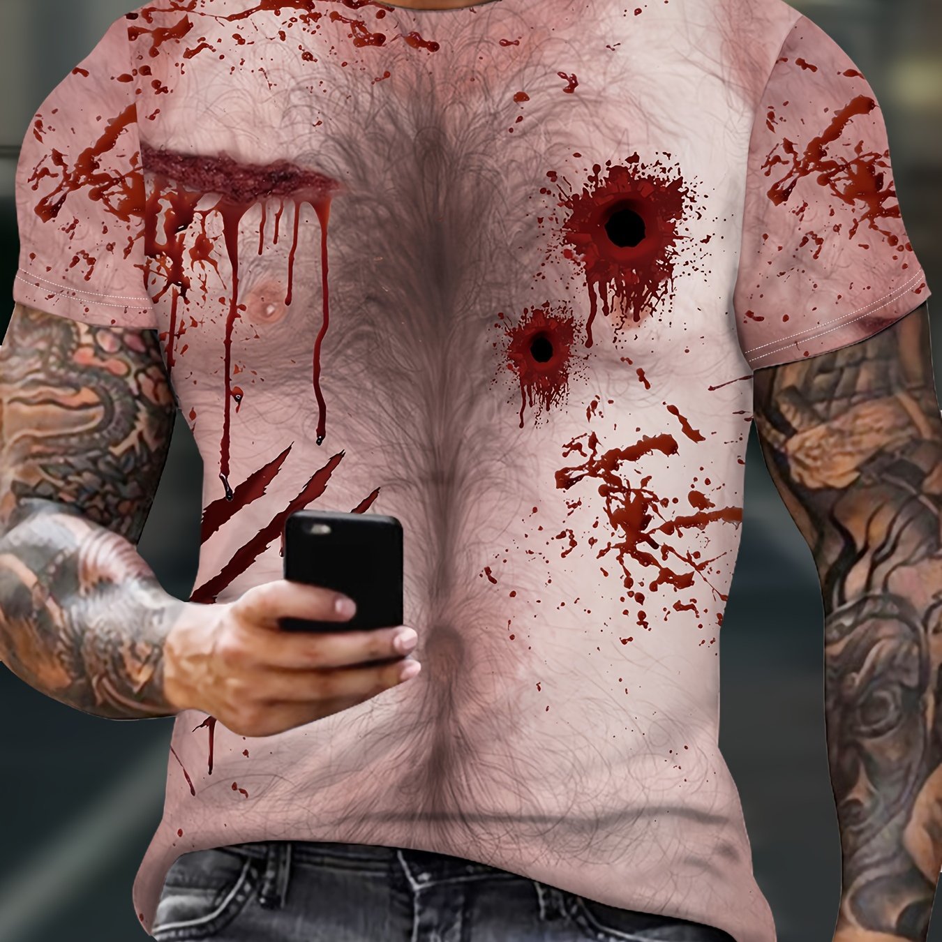 Men's Blood Splatter Print T-Shirt, Casual Round Neck Short Sleeve Tee, Halloween Party Top, Polyester, Regular Fit, Summer Fashion, Adult Unisex