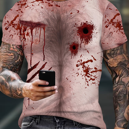 Men's Blood Splatter Print T-Shirt, Casual Round Neck Short Sleeve Tee, Halloween Party Top, Polyester, Regular Fit, Summer Fashion, Adult Unisex