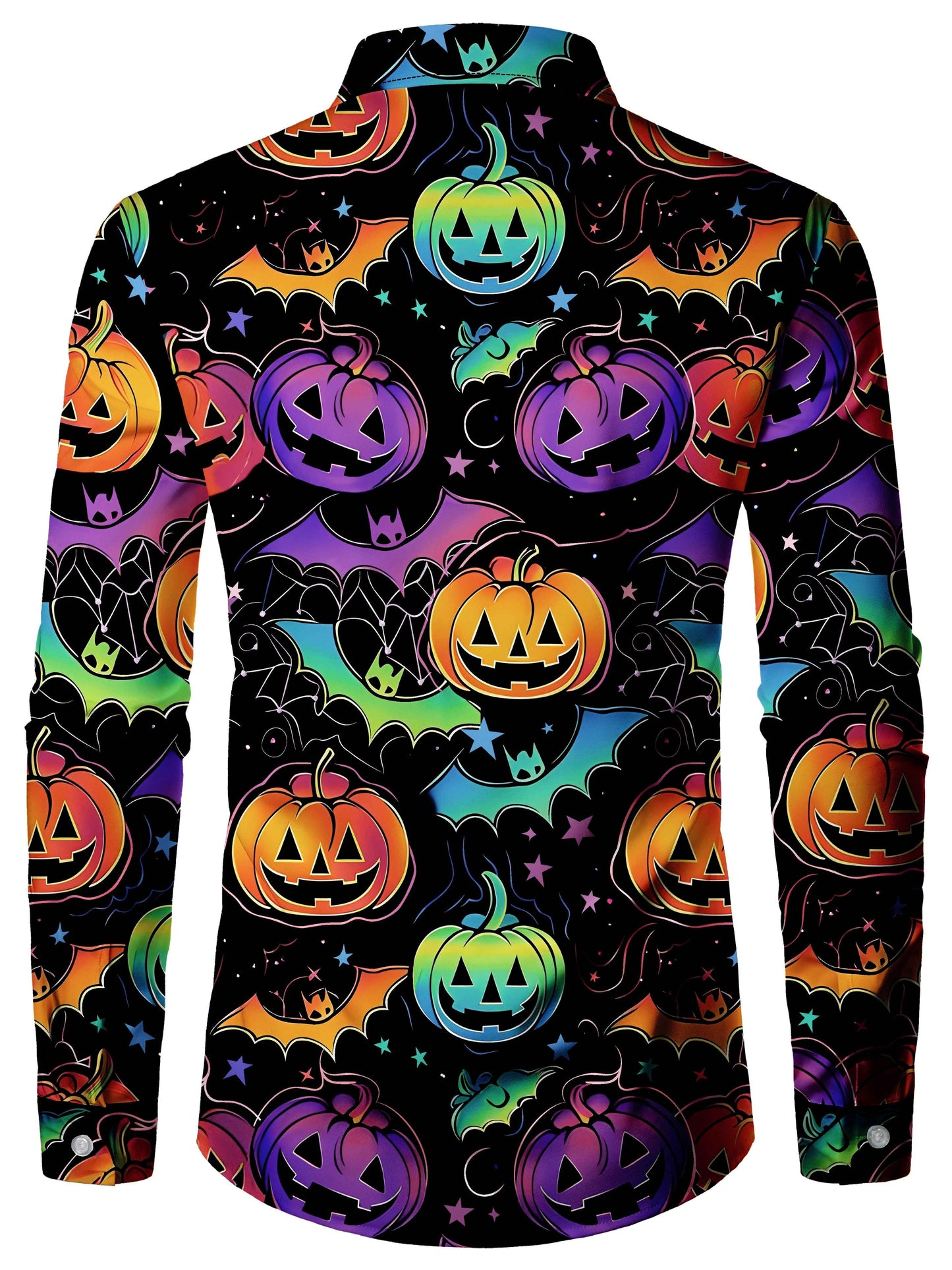 [Festive Halloween Shirt] Polyester Men's Festive Long Sleeve Shirt - Vibrant Halloween-Themed Pumpkin & Bat Print, Button-Up with Chest Pocket, Ideal for Fall/Winter Celebrations, Halloween Decorations