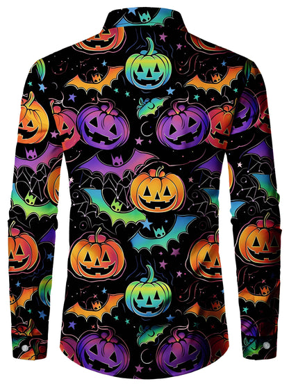 [Festive Halloween Shirt] Polyester Men's Festive Long Sleeve Shirt - Vibrant Halloween-Themed Pumpkin & Bat Print, Button-Up with Chest Pocket, Ideal for Fall/Winter Celebrations, Halloween Decorations