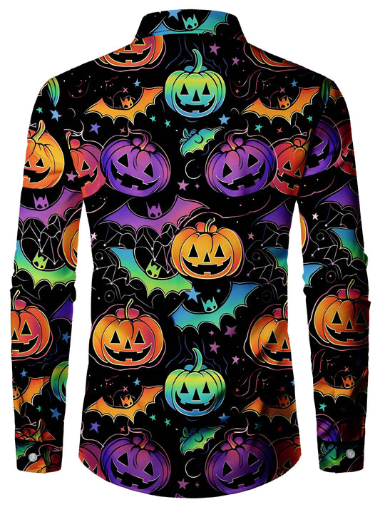 [Festive Halloween Shirt] Polyester Men's Festive Long Sleeve Shirt - Vibrant Halloween-Themed Pumpkin & Bat Print, Button-Up with Chest Pocket, Ideal for Fall/Winter Celebrations, Halloween Decorations