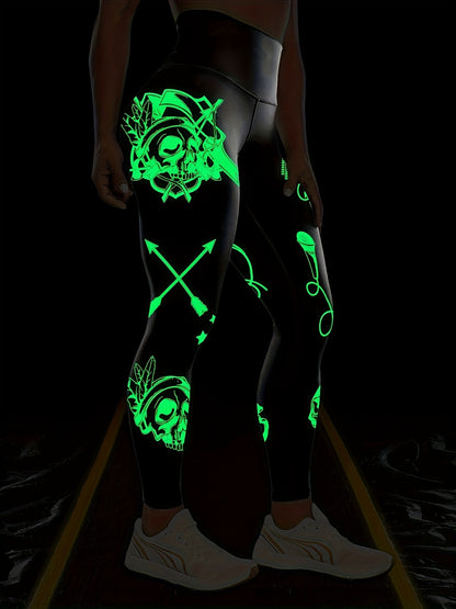 Women'S High-Waisted Stretchy Fitness Leggings with Glow-in-the-Dark Skull Print - Black, Elastic Waistband, Long Length for Running, Yoga & Halloween Party Wear, Yoga Pants, Halloween Leggings, Bold Graphic Pants, Highelasti