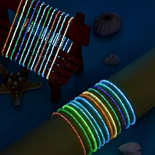 10pcs Bohemian Cute Glow-in-the-Dark Colorful Seed Bead Anklets, Elegant Everyday Jewelry Accessories For Beach Outings