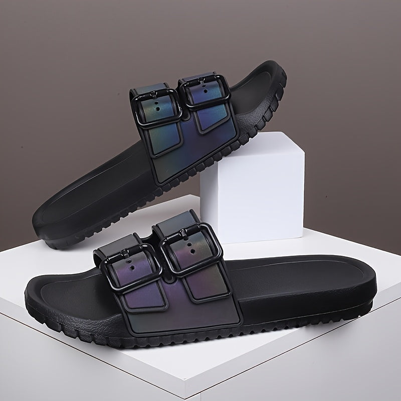 Unisex Fashion Slide Sandals | Adjustable Buckle Straps | Reflective Rainbow Holographic Design | Ultra-Fine Microfiber & EVA Sole | Non-Slip, Durable | Versatile Indoor/Outdoor Use, Strappy Sandals