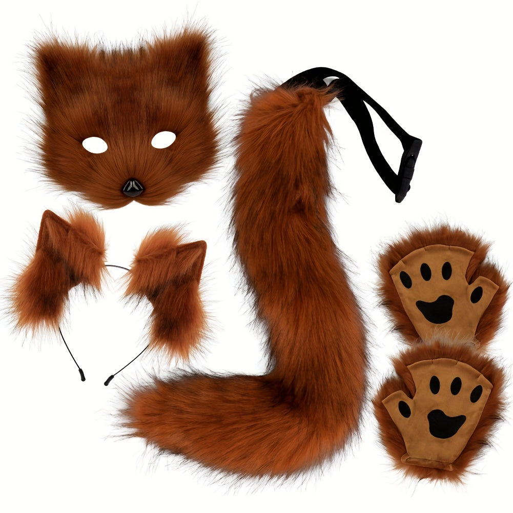 [Halloween Christmas] 4pcs Set, Adjustable Faux Fox Fur Mask Costume - Bendable Tail, Ears Headband and Gloves - Halloween/Christmas Role Play, Carnival Party, Without Battery