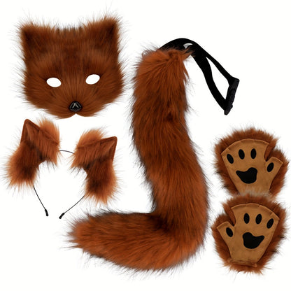 [Halloween Christmas] 4pcs Set, Adjustable Faux Fox Fur Mask Costume - Bendable Tail, Ears Headband and Gloves - Halloween/Christmas Role Play, Carnival Party, Without Battery