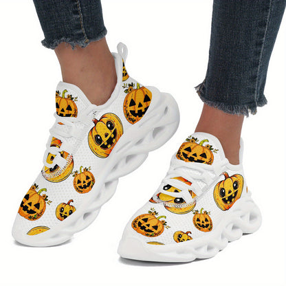 Men'S Halloween Pumpkin Print Casual Sneakers - White Low-Top Lace-Up Trainers with Orange & Black Jack-O'-Lantern Design, Comfortable EVA Sole for Daily Wear & Halloween, PLUS SIZE, Halloween Shoes, Trendy Streetwear, Durabl