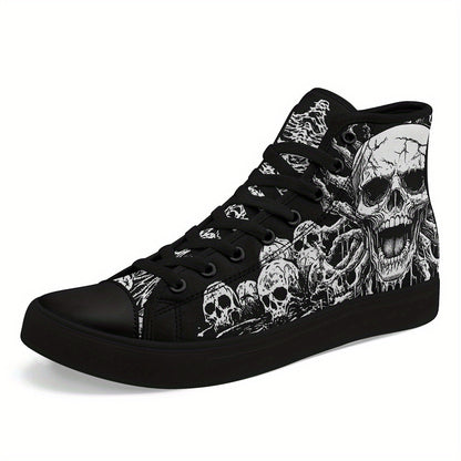 Men'S Plus Size Gothic Punk High-Top Sneakers with Skull Print, Black Casual Shoes for Streetwear & Everyday Comfort, Lace-Up Round Toe Design, Rubber Sole, Fabric Upper, Perfect for Parties, Concerts & Daily Wear, Everyday C