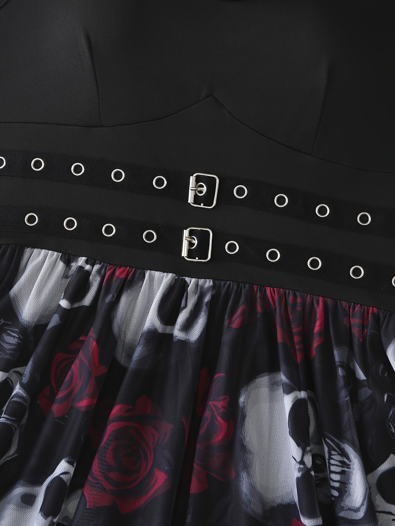 [Gothic Halloween Dress] Gothic Halloween Skeleton Rose Print Dress | Double V-Neck Zipper Sleeveless A-Line Skirt with Tulle Lining for Halloween Parties