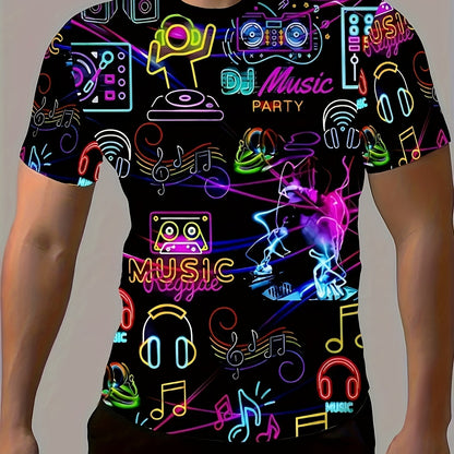 Men'S Retro Party Night T-Shirt - Vibrant Neon Music & DJ Design, Polyester, Short Sleeve Crew Neck - Machine Washable, All-Season Casual Tee with "PARTY NIGHT" Print, Ideal for Parties & Casual Attire, Summer Tee|Discothemed