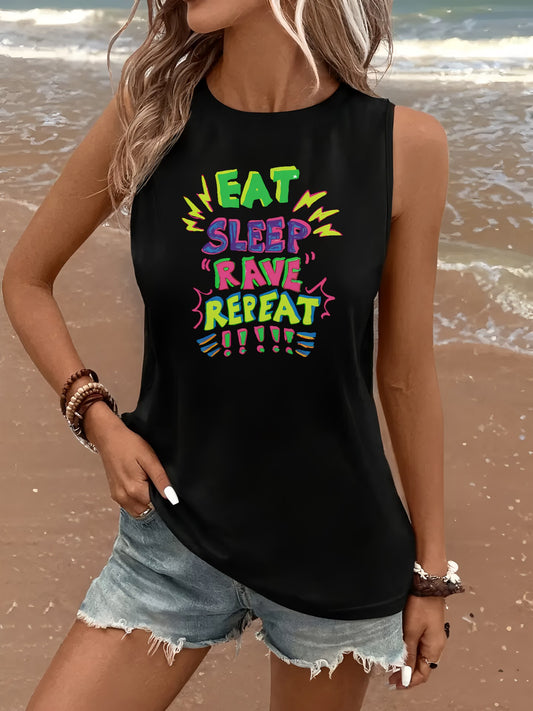 Women's Sleeveless Graphic Tank Top - "EAT SLEEP RAVE REPEAT" Bold Colorful Lettering, Black Casual Summer Beach Vacation Party Wear, Machine Washable, Travel Clothing, Festive Attire, Playful Design, Allseason Wear, Comforta