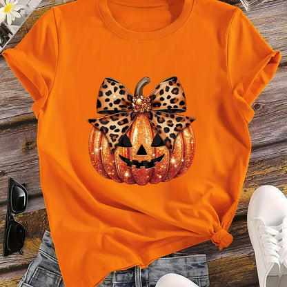 [Halloween Pumpkin T-Shirt] Halloween Pumpkin & Leopard Bow Print Women's T-Shirt | Vibrant Orange Casual Short Sleeve Crew Neck Top for Daily Wear, Costume Parties & Spring/Summer Outfits