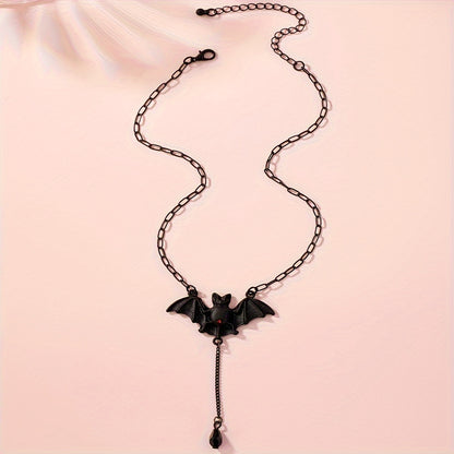 1pc Gothic Halloween Bat Necklace for Women - Black Bat Pendant with Red Eyes & Teardrop Bead Chain, Edgy Party Jewelry for Costume Events, Year-Round Versatile Gothic Accessory