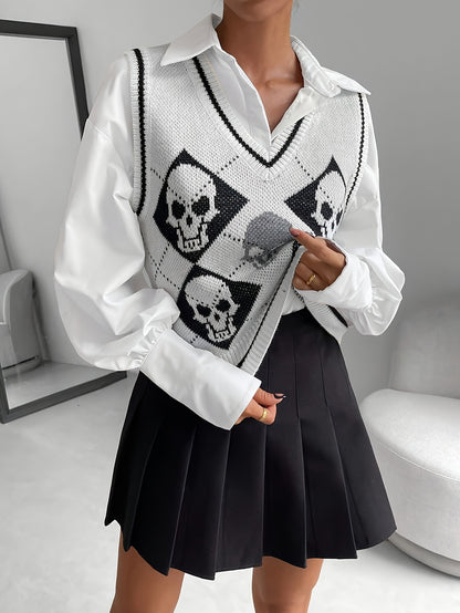 [Elegant Skull Print Vest] Elegant & Versatile Women's V-Neck Skull Print Vest | Black & White Halloween Pattern Sleeveless Top, Medium Stretch for Spring Summer Fall, Layering Piece for Casual & Formal Outfits