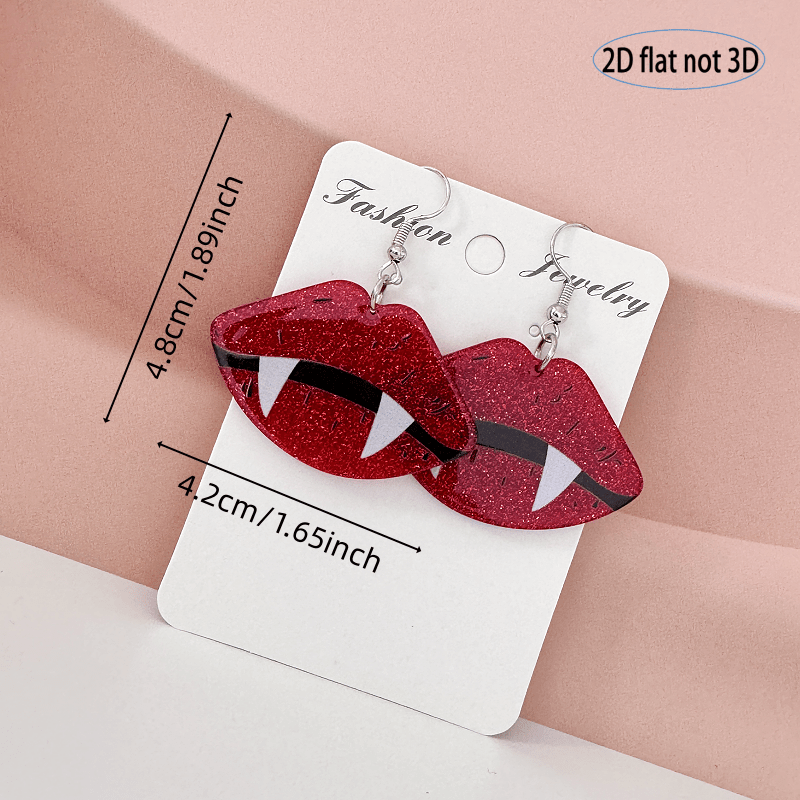 2D Flat, Pair of Red Lips & Fangs Glitter Earrings - 2D Flat Gothic Cute Jewelry with Sparkling Accents, Lightweight Dangle Earrings for Women, Perfect for Daily Wear & Halloween Party Accessories, Cute Earrings, Costume Jewe