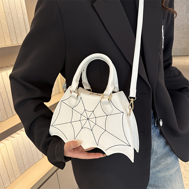 Halloween Women'S Bat Wing Spider Web Handbag - Lightweight Synthetic Faux Leather Tote with Geometric Spider Web Design, Zipper Closure & Detachable Strap, Gothic Style for Daily Use or Party Outfits, Durable Polyester Linin