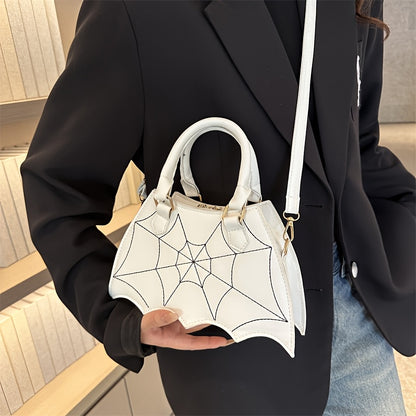 Halloween Women'S Bat Wing Spider Web Handbag - Lightweight Synthetic Faux Leather Tote with Geometric Spider Web Design, Zipper Closure & Detachable Strap, Gothic Style for Daily Use or Party Outfits, Durable Polyester Linin
