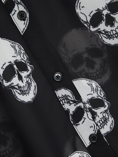 Women'S Elegant Halloween Skull Print Shirt, 100% Polyester Linen Blend, All-Season Lapel Collar, Woven Fabric, 180gsm - Adult Fashion Top