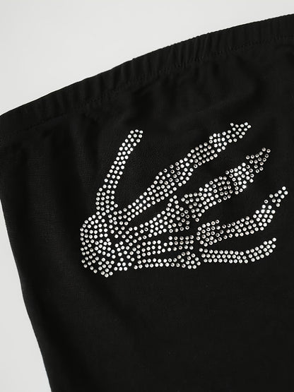 [1pc Sexy Crop Top] Sexy Strapless 1pc Women's Rhinestone Skeleton Hand Print Crop Top | Knitted Tube Shirt, All-Season Wear