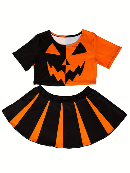 Pair of Funny Pumpkin Face Costume Women'S Sexy Lingerie Contrast Color Round Neck Short Sleeve Top Dress Set